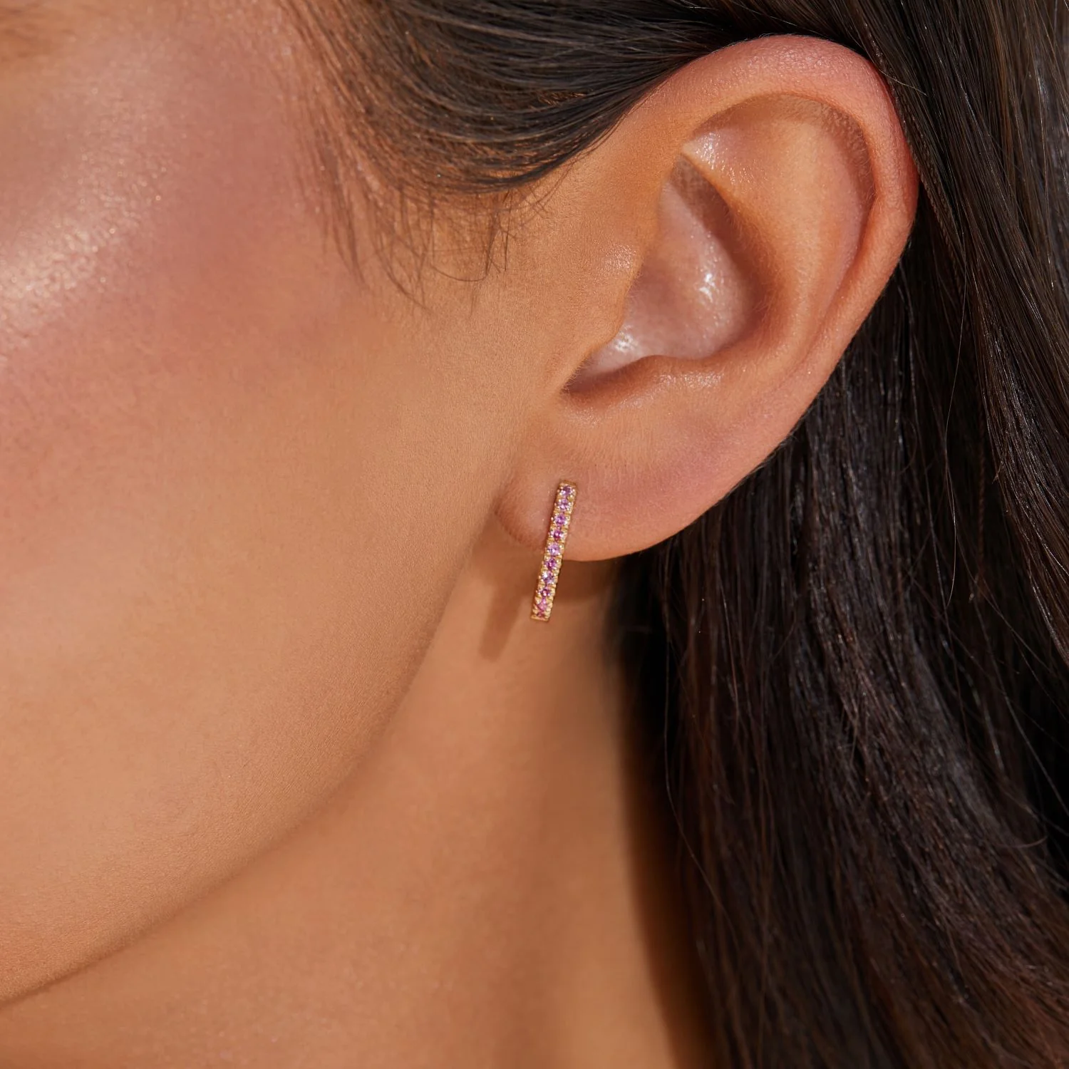 Gemstone Pave Paper Clip Huggie Earrings - Image 5