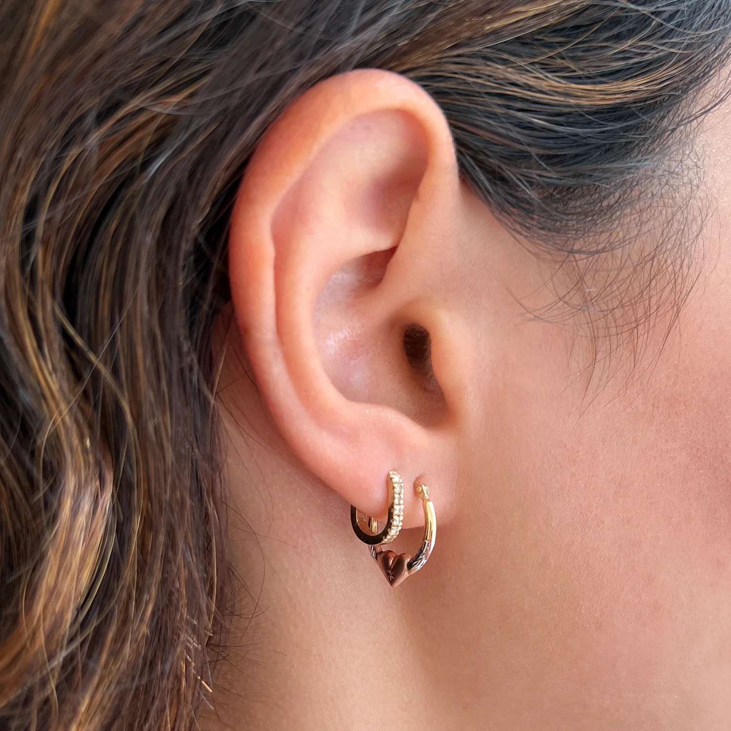 Tri-Color Puff Heart Hoop Earrings - Image 2